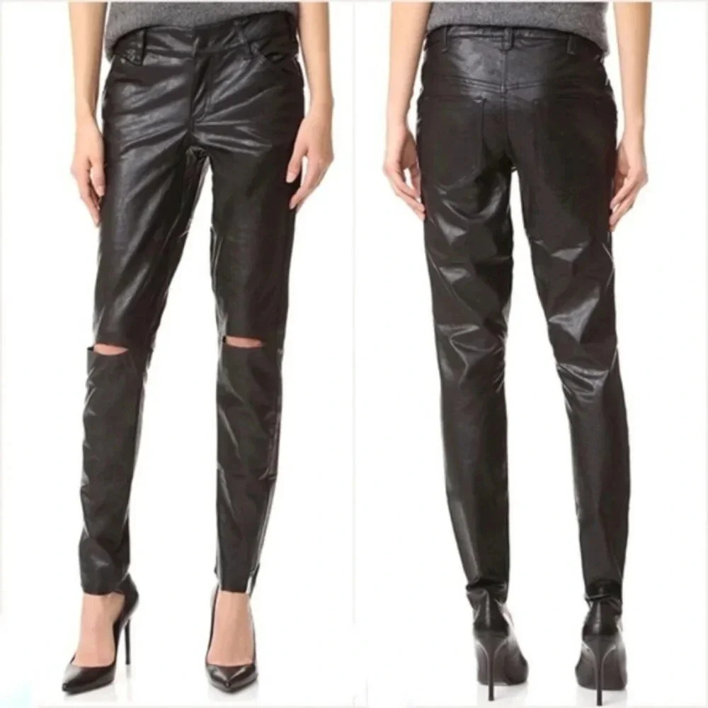 One Teaspoon Faux Leather Pants Leggings Black Skinny Straight Leg slit knee XS